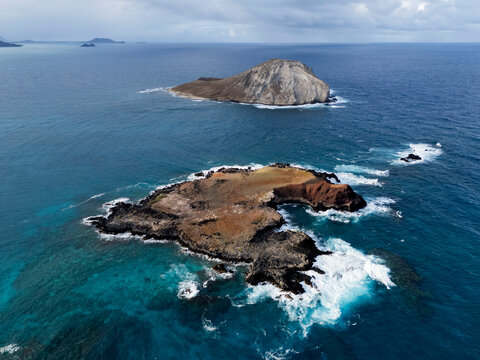 Aerial view of Rabbit Island and the rugged Makapuu shoreline, Oahu