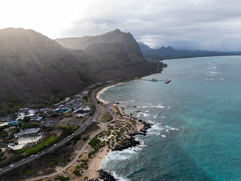 Aerial view of the coastal highway winding along Makapuu's turquoise waters, Oahu