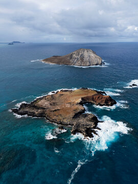 Close aerial view of Rabbit Island's coastline near Makapuu, Oahu