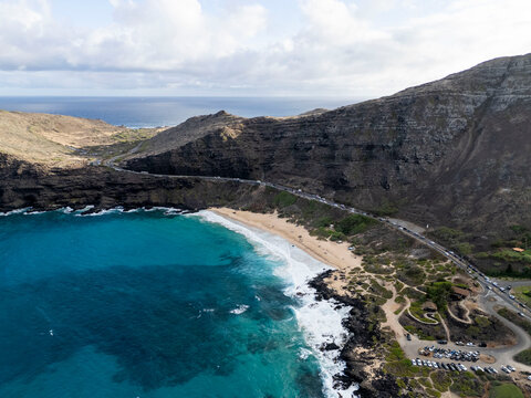 Aerial view of a secluded cove along the Makapuu coastline, Oahu