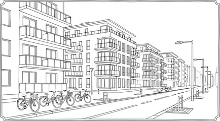 Obraz premium City landscape. Line urban backdrop, different buildings on street, doodle street draw, outline cityscape hand sketch, flat houses. Hand drawn vector illustration