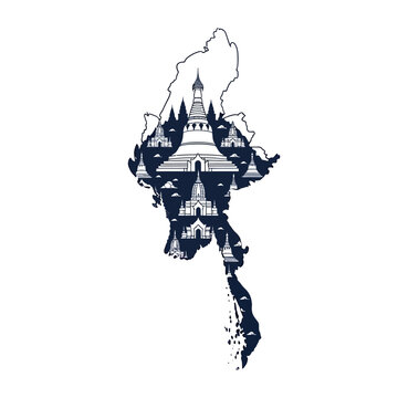 Myanmar map silhouette with temples
