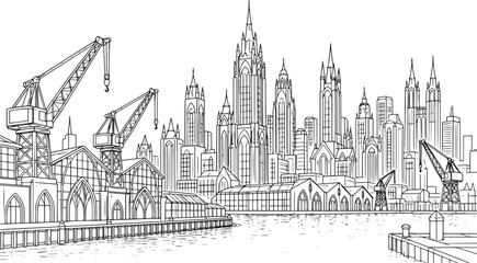 Obraz premium City landscape. Line urban backdrop, different buildings on street, doodle street draw, outline cityscape hand sketch, flat houses. Hand drawn vector illustration