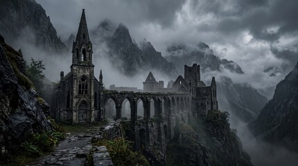 Obraz premium Haunted Ancient Monastery Hidden in Foggy Mountains with Abandoned Chapel