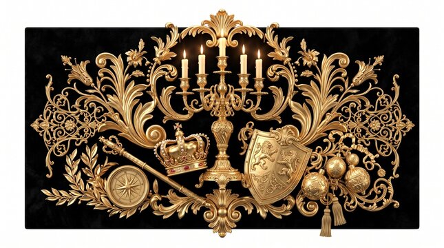 Ornate Golden Royal Emblems and Symbols on Black Background isolated on white background