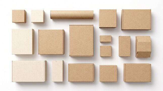 Collection of various cardboard boxes and packaging on a white background isolated on white background