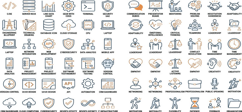 Hard and soft skills two color line icons set collection. Technical measurable abilities. Communication bicolor outline mega pack isolated, pixel perfect. Duotone thin lineart. Editable stroke