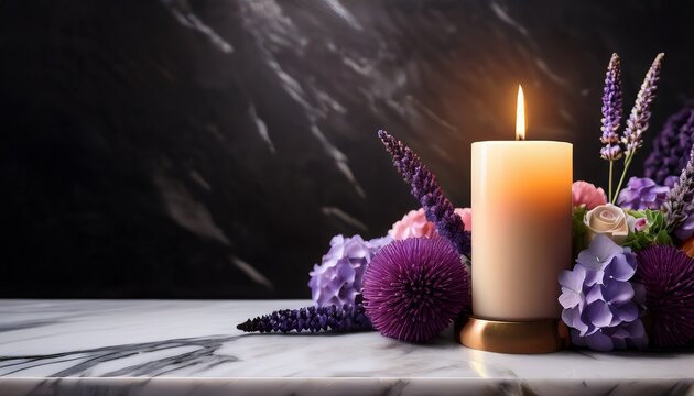 Respectful Juneteenth Memorial Candle And Floral Display With Lavender And Hydrangea On Marble Table For Memorial Background And Tribute Banner Design