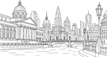 Fototapeta premium City landscape. Line urban backdrop, different buildings on street, doodle street draw, outline cityscape hand sketch, flat houses. Hand drawn vector illustration