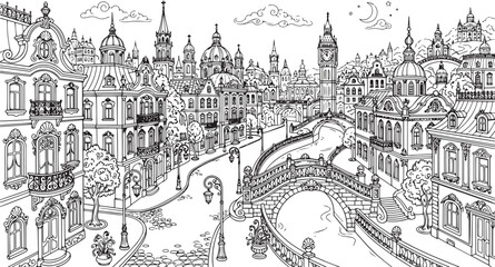 Obraz premium City landscape. Line urban backdrop, different buildings on street, doodle street draw, outline cityscape hand sketch, flat houses. Hand drawn vector illustration