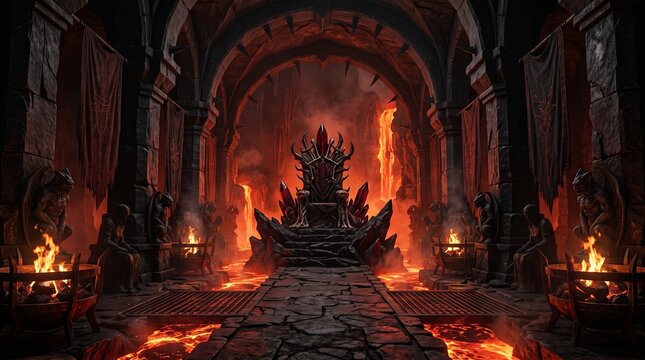 Demonic Throne Room Beneath Ancient Ruins with Lava and Black Stone Architecture