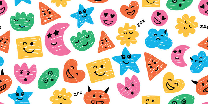 Colorful cartoon doodle faces and shapes on white background seamless pattern
