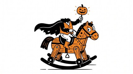 Obraz premium Headless Horseman Riding a Rocking Horse Holding a Jack O Lantern Stick for Halloween Celebration
