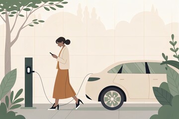 Kobieta ładująca samochód elektryczny przy stacji ładowania, korzystająca ze smartfona podczas oczekiwania na naładowanie pojazdu.