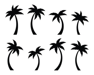 Fototapeta premium Eight black palm tree silhouettes on white background in two rows