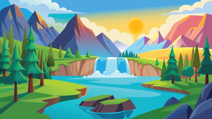 Fototapeta premium Vibrant mountain landscape with a cascading waterfall during a bright sunrise conveying natural beauty and tranquility vector illustration