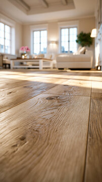 A close-up of light oak wood flooring in a bright, modern living room. This shot is ideal for home interior design and flooring marketing campaigns.