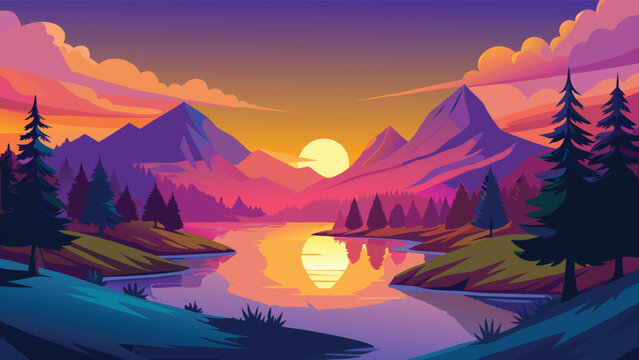 Vibrant mountain landscape with lake during sunset in flat vector style