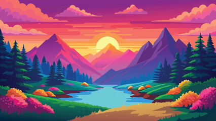 Vibrant mountain valley river at sunset with colorful sky and pine trees vector illustration © CreativeKamrul