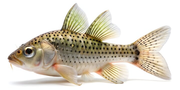 Freshwater fish isolated on white background. Close-up striped corydoras catfish for aquarium design and pet trade.