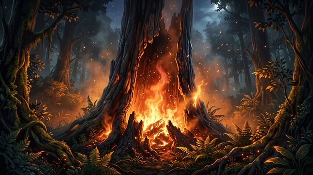 Burning hollow tree trunk glowing with intense fire in a dark night forest, sparks flying, devastating wildfire destruction.