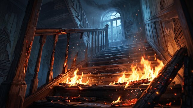 Burning wooden staircase inside an abandoned house with blue moonlight shining through an arched window, creating a dramatic contrast of fire and cold light.