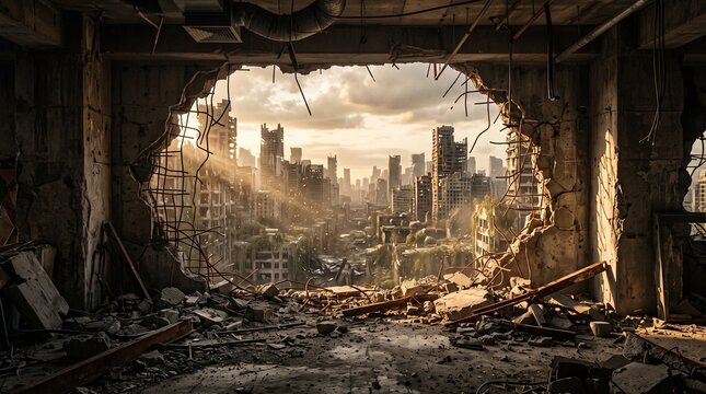 Post-apocalyptic ruined city viewed through a destroyed concrete wall, war zone aftermath, crumbling skyscrapers under dramatic light, urban devastation.