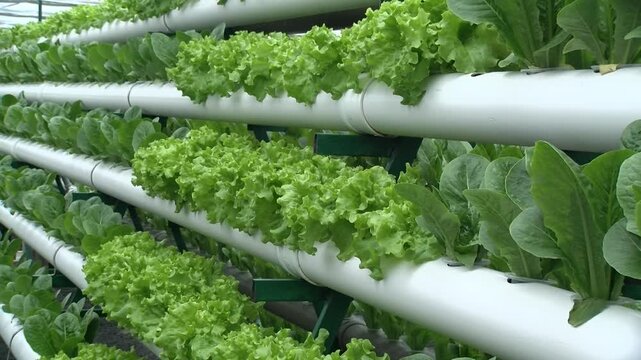 Fresh Lettuce Leaves Growing in Modern Aquaponics Farm, Healthy Green Lettuce Cultivated in Sustainable Hydroponic Greenhouse System, Organic Leafy Vegetable Production with Smart Agriculture.