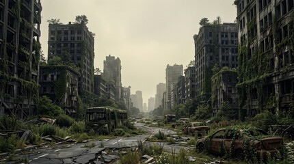 Naklejka premium Post-apocalyptic overgrown city street with ruined skyscrapers, abandoned rusted cars, and lush green vegetation reclaiming the deserted urban ruins under a hazy sky.