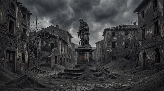 Ruined post-apocalyptic town square buried in volcanic ash, central hooded statue standing amidst destroyed buildings under a dark, stormy sky, devastation and despair.