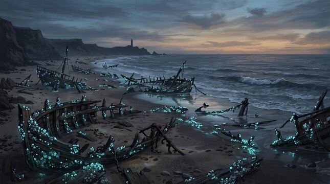 Bioluminescent shipwrecks on a desolate beach at dusk, glowing blue barnacles on decaying wooden hulls, distant lighthouse under a moody sunset, fantasy devastation scene.