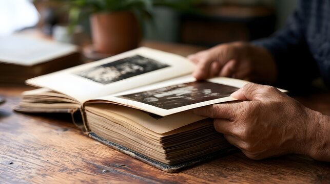 An elderly person gently turns a page in an old photo album resting on a wooden table  revealing vintage black and white photographs