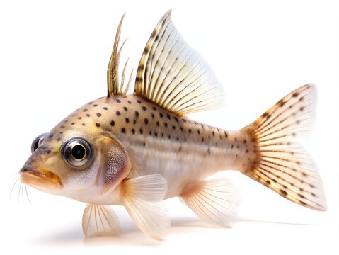 Freshwater aquarium fish swimming in clear water. Small spotted catfish Corydoras isolated on bright white background.