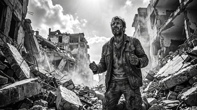 Distressed man kneeling in rubble of destroyed city, looking up in despair, war aftermath, humanitarian crisis, black and white cinematic disaster scene.