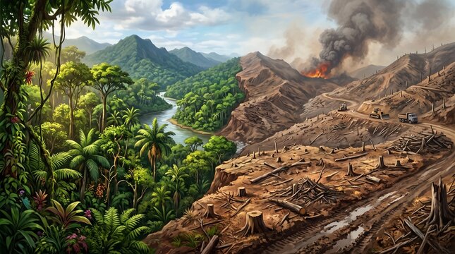 Stark contrast between lush green rainforest and devastated deforested land with smoke, fire, and bulldozers representing environmental destruction.