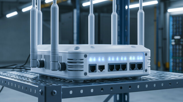 A high-speed wireless router with antennas sits on a metal rack in a data center. Ideal for business networking and modern information technology concepts.