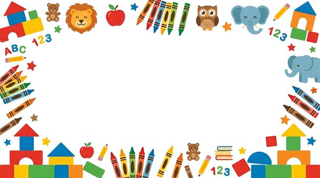 Colorful children's border with alphabet blocks and cute animals