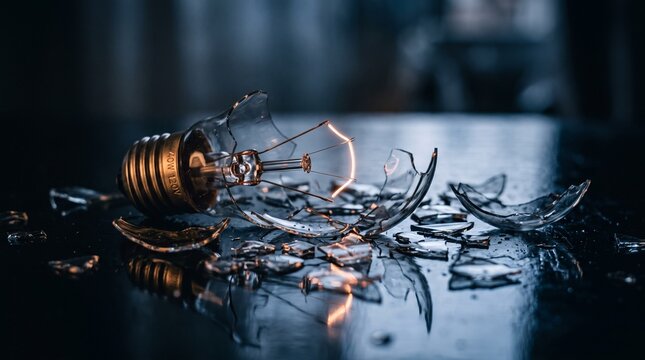 Broken light bulb with a glowing filament lying among shattered glass on a dark reflective surface, symbolizing devastation, broken dreams, and lingering hope.