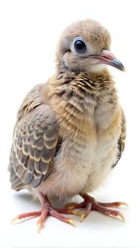Baby dove perched on white background. Young fledgling bird isolated for wildlife design projects.