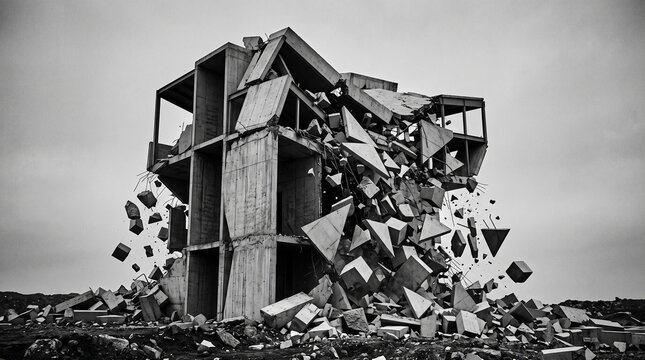 Brutalist concrete building collapsing into geometric debris, black and white dramatic destruction concept.