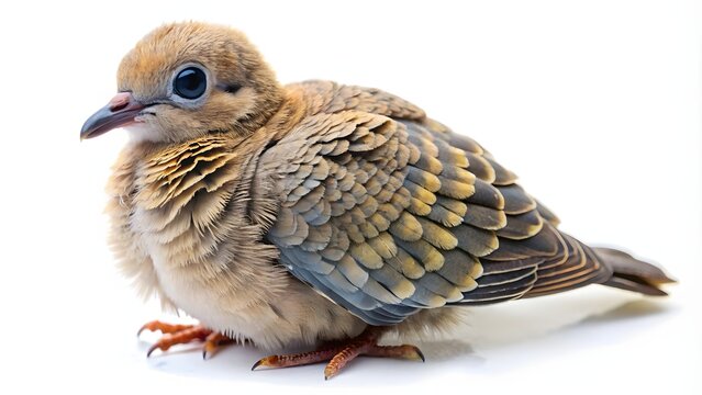 Baby dove bird perched and resting on white. Young fledgling pigeon with soft feathers in studio portrait.