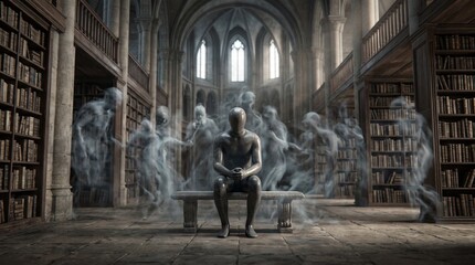Obraz premium Stone mannequin sitting on a bench in a gothic library surrounded by ghostly smoke figures representing depression, schizophrenia, anxiety, and mental health struggles.