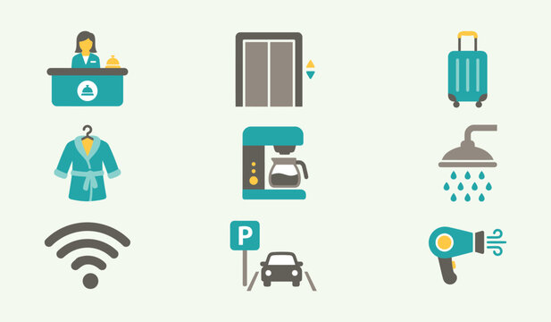 Hotel service and guest amenity icons set white background and color black amenities receptionist elevator bathrobe hairdryer hospitality white background and color black