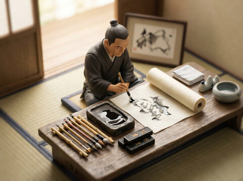 Calligrapher at brushwork miniature diorama isometric view, shodo practice scene