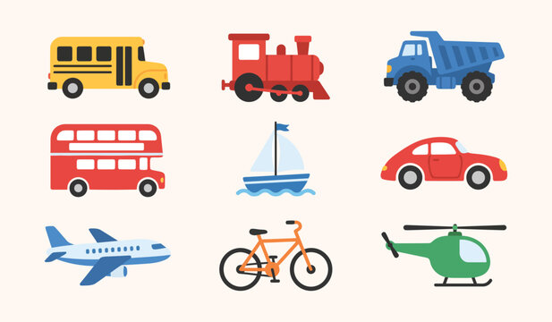 Transportation set featuring various public and private vehicles in flat style on white background and color black transportation vehicles logistics white background and color black