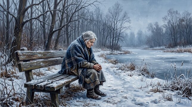 Sad elderly woman sitting alone on a snowy bench in winter, oil painting style, representing loneliness, depression, aging, isolation, and mental health struggles.
