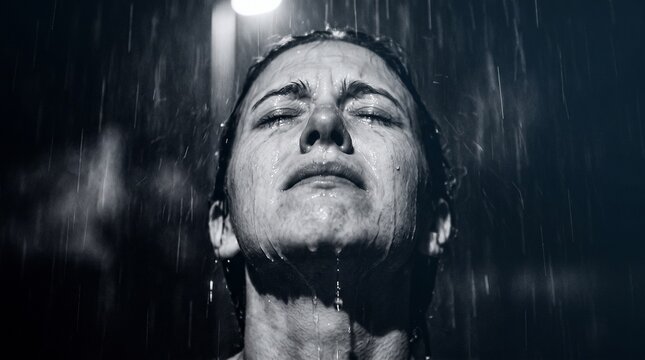 Distressed woman facing rain at night, expressing intense grief, depression, and anxiety, dramatic wet portrait representing mental health struggle and emotional catharsis.