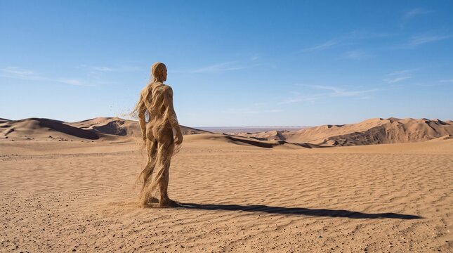 Sand sculpture of a man disintegrating in a vast desert, symbolizing illness, aging, physical decay, mental health struggles, and the ephemeral nature of human life.