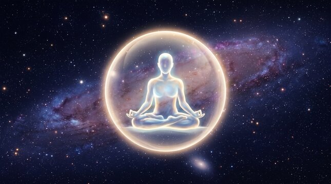 Meditating glowing figure in protective energy bubble amidst cosmic galaxy, representing spiritual healing, aura protection, mindfulness, and cosmic consciousness.