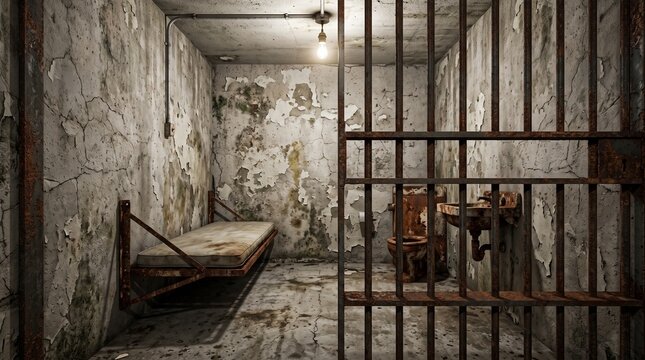 Abandoned Prison Isolation Cell with Rusty Bars and Cracked Concrete Walls